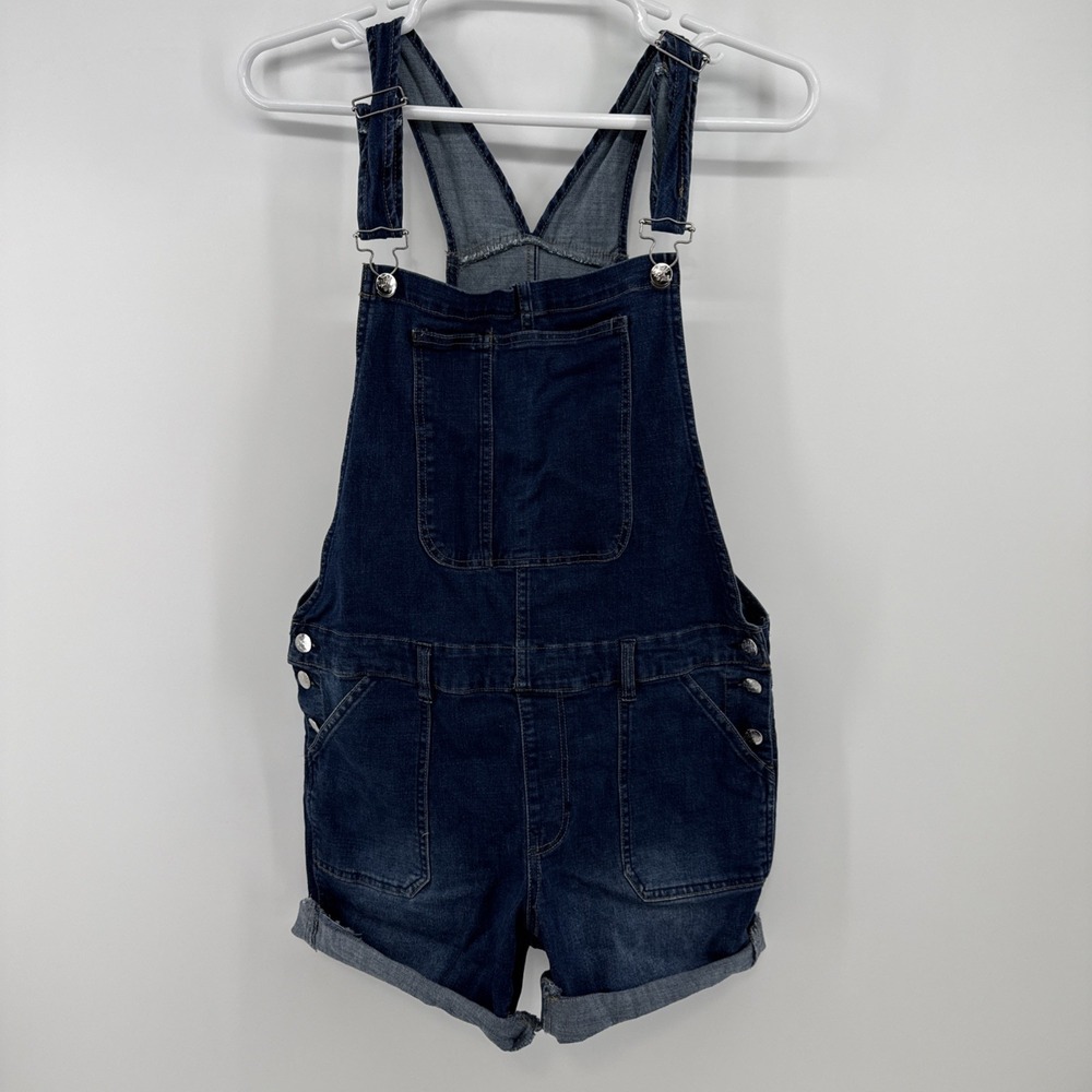 Womens XL Dark Wash Denim Short Overalls Rolled Cuff Side Button Farmgirl